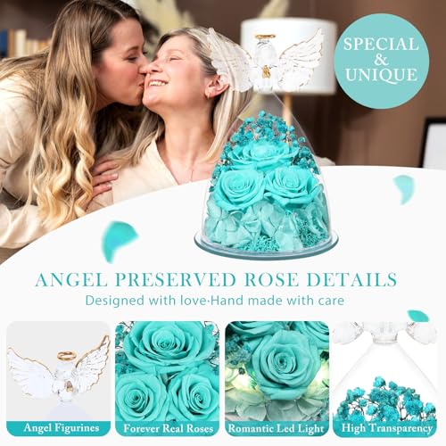 Mothers Day Flowers Gifts for Mom Flowers for Delivery Preserved Flowers Forever Real Fresh Roses in Glass Angel Figurines Birthday Gifts for Women Anniversary Present for Grandma Wife from Daughter - color: Light Blue (Rose, Baby's Breath, Hydrangea)