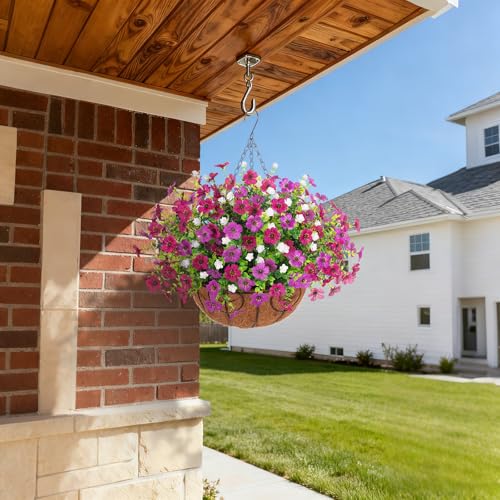Ammyoo Artificial Faux Hanging Plants Flowers Basket for Spring Outdoor Decoration, Fake Silk Daisy UV Resistant Look Real with Eucalyptus Leaves Summer Outside Decor for Home Patio Garden - color: Purple Purple-red White-boxwood