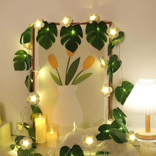 RECUTMS Monstera Leaf String Lights Artificial Foam Plumeria Tropical Palm Leaves Flower 40 LED Battery Operated Fairy Light Hawaiian Luau Beach Party Summer Decorations Outdoor Indoor(White+Green) - color: Green+white