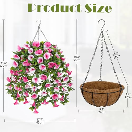 Artificial Morning Glory Flowers with Hanging Basket - Faux Morning Glory Vines UV Resistant Plastic Fake Flowers with Basket Plants for Home Porch Patio Balcony Garden Yard Spring Summer Decor, Pink - color: Pink, size: 23.6"
