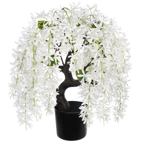 Artificial Flowers 18.5" Tall with Silk Wisteria White Flower Arrangement and Realistic Wood Fake Bonsai Tree Plants Faux Plants for Spring Home Bedroom Office Bathroom Coffee Table Centerpiece Decor - color: White-18.5