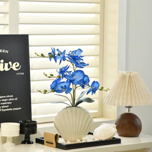 Artificial Phalaenopsis Orchid Plant in Seashell Pot, 16" Fake Orchid Flowers, Silk Faux Orchids for Home Decor, Office, Table Centerpiece, Real Touch Lifelike Indoor House Plant (Blue) - color: Blue