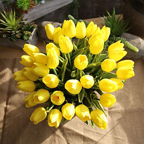 30PCS Real Touch Tulips PU Artificial Flowers, Fake Tulips Flowers for Arrangement Wedding Party Easter Spring Home Dining Room Office Decoration. (Yellow, 14" Tall) - color: Yellow