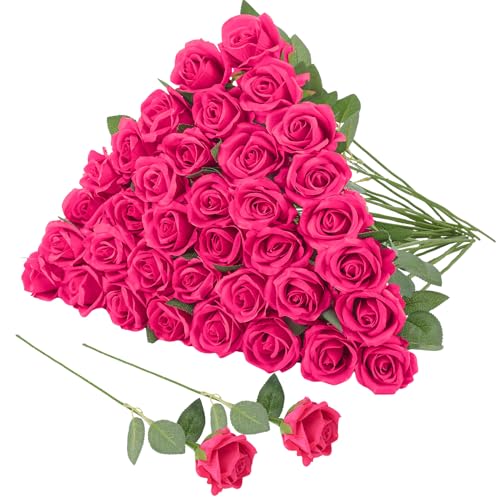 36 Pcs Hot Pink Artificial Roses with Long Stems, Fake Silk Rose Artificial Flowers Bulk for Bridal Wedding Bouquet Centerpiece Ball Arrangement Party Decor - color: Hot Pink