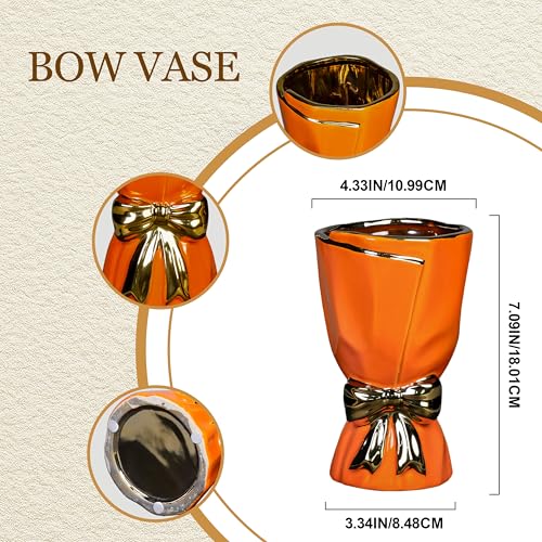 Orange Ceramic Vase with Bow - 7 Inch Small Vase for Home Decor, Modern Flower Vases for Living Room, Nightstand Shelf and Desk Decor, Bookshelf, Dining Table Centerpiece - color: Orange, size: 7 inch