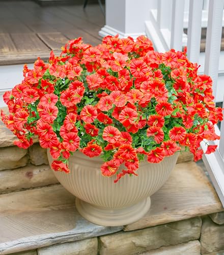 Artificial Flowers for Outdoors Fake Plants Spring Summer Decor, 12 Bundles Orange Silk Morning Glory with Eucalyptus Look Real UV Resistant Faux Flowers for Outside Planters Front Door Yard Indoor - color: Orange