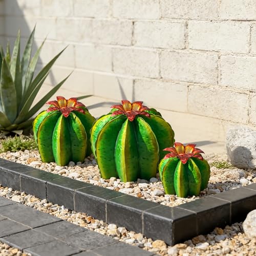 KODIBO Metal Cactus Outdoor Decor, 3-Pack Yard Art Fake Barrel Cactus Sculptures with Flower Tops, Weather-Resistant Patio Lawn Decorations for Flower Bed, Rock Garden, Porch, Housewarming Gift - color: Barrel Cactus: 3-pack
