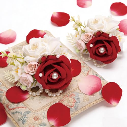 2Pcs Burgundy Dark Red Wrist Corsage for Wedding Prom, Artificial Rose Corsage Wristlet Bracelet for Bridesmaid Bride Flower Girl Party. (Dark-red, 2pcs Wrist Corsage) - color: Dark-red, 2pcs Wrist Corsage