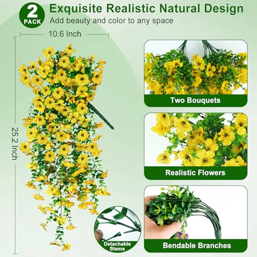 Artificial Hanging Flowers for Outdoors Decorations 2 Pack, Fake Hanging Flowers, UV Resistant Artificial Hanging Plants Outdoors for Home Porch Patio Balcony Baskets Yard(Yellow) - color: Yellow