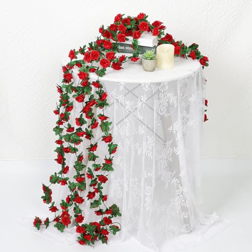 KHOYIME 18 Pack 144 FT Artificial Flower Garland, Fake Red Roses Vines Silk Flowers Faux Plastic Outdoor Hanging Floral Ivy Garland Decoration for Wedding Arch Bedroom Home Wall Backdrop Room Decor - color: Red, size: 18pcs