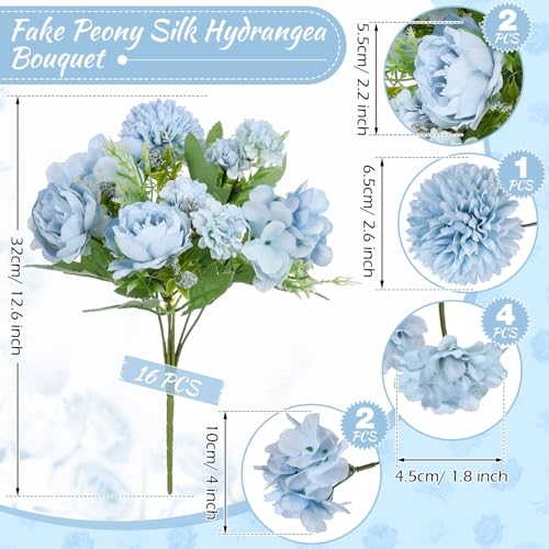 Lyrow 16 Pcs Peony Artificial Flowers Fake Silk Hydrangea Bouquet Elegant Peony Flowers for Wedding Decoration Faux Realistic Floral for Home Party Table Centerpieces Arrangement (Blue) - color: Blue