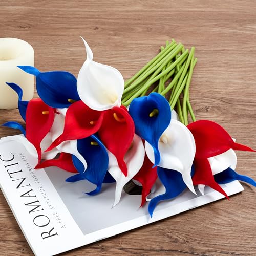 Artificial Calla Lily Flowers, Real Touch Red White and Blue Fake Calla Lilies, Patriotic Floral Centerpieces for 4th of July Decorations, Memorial Day Grave Cemetery Decor (12 Pcs) - color: Independence Day