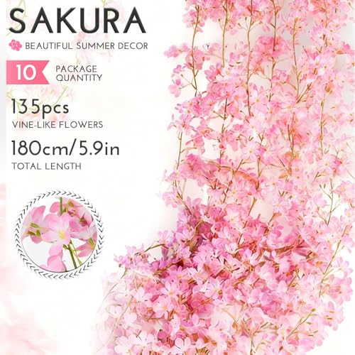 YRIOWMI 10PCS 59FT Artificial Silk Cherry Blossom Garland, Hanging Sakura Flower Vines for Wedding Party Home Arch Office Sakura Decor (Pink) - color: Pink