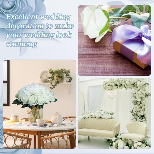 30pcs Fake Roses Artificial Silk Flowers Long Stems Bouquet for Wedding Bridal Shower Party Home Decoration (White) - color: White