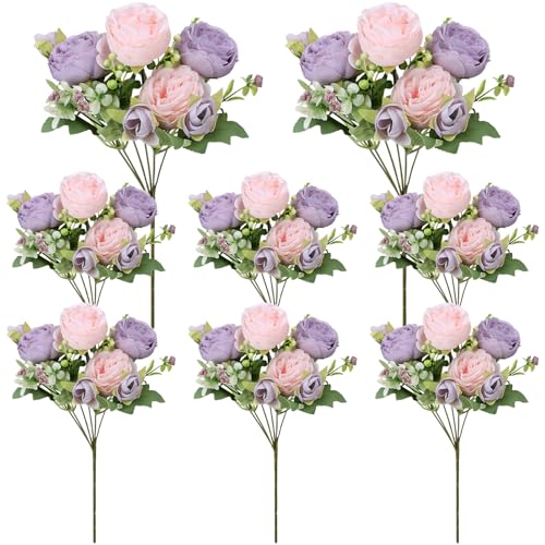 8 Pack Pink, Purple Peonies Artificial Flowers, Fake Silk Hydrangea Bouquet for Bridal Wedding Home Table Decor Reusable Dining Opening Ceremony Birthday Arrangement Faux Floral - color: Pink,purple