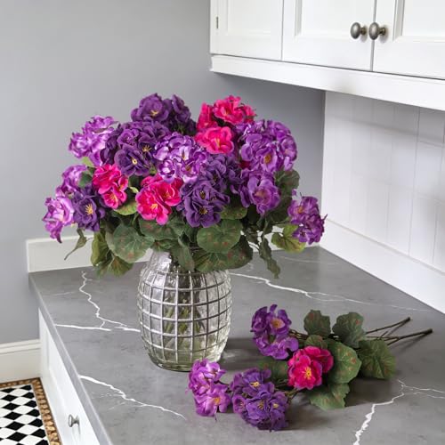 Ammyoo Artificial Geranium Flowers for Outdoors Decoration, 6 Pcs Fake Silk Geraniums Flower UV Resistant Look Real Faux Plants for Spring Garden Porch Planter Yard Table Centerpieces Decor - color: A-purple Deep Purple Purple-red