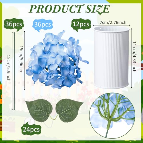 Zeyune Blue 12 Sets Wedding Flower Table Centerpieces Artificial Hydrangeas with Rustic Metal Vase Fake Hydrangea Flowers in Pot Floral Arrangement for Wedding Bridal Tea Party Table Home Decor - color: Blue