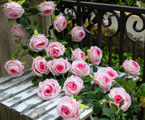 2Pcs 12Ft Bendable Artificial Flower Garland Faux Rose Vine Hanging Floral Garland for Wall Decor Trellis Fence Home Room Garden Wedding Decoration(Pink, 2pcs) - color: Pink, size: 2pcs