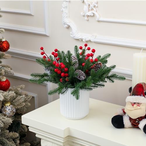 13 Inch Artificial Norfolk Pine Branches with Red Berry in a White Ceramic Pot,Christmas Greenery with Lights Pine Cones for Xmas Kitchen Living Room Tabletop Decor (40 Pcs) - color: Ceramic Pot&norfolk Pine