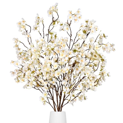 Waipfaru 4 Pcs Cherry Blossom Branches, 40'' Faux Cherry Blossom Tree Stems Decor, Long Stem Artificial Flowers for Tall Vase, Fake Flowers for Spring Home Indoor Outdoor Decoration (White) - color: Beige