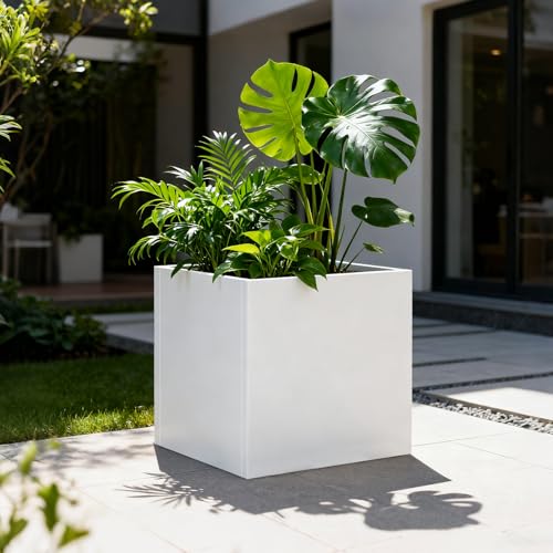 White Steel Planter Square Outdoor Planters Galvanized Steel Planter Box Indoor 32 Inch Metal Large Planters Cube Heavy Duty Flower Pot Modern Commercial Residential for Trees Patio Yard Garden - color: White, size: 32" L x 32" W x 32" H