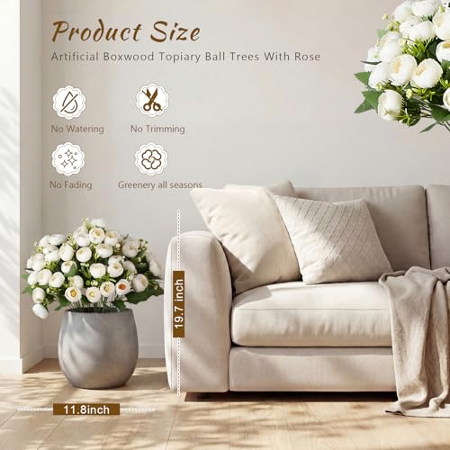 Yunlly 2 Set Artificial Boxwood Topiary Ball Trees with Rose Flowers 19.7'' UV Resistant Faux Greenery Shrubs Bushes with Ground Spike for Wedding Indoor Outdoor Front Porch Decor(White) - color: White