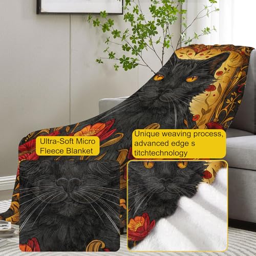 Black Cat Fleece Blanket Gifts, Halloween Black Cat and Floral Design, Soft Cat Throw 50x60 inches, Halloween Decor - Gold and Black - color: Color446, size: 50"x60"