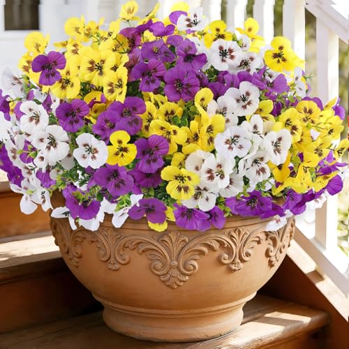 Artificial Pansies Flowers for Outdoor Faux Flower Spring Summer Decor, 12 Bundles Realistic Fake Silk Flowers Outside UV Resistant for Porch Patio Garden Home Yard Window Planter Purple Yellow White - color: Purple Yellow White