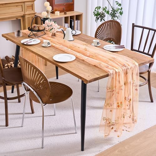 vctops 2 Packs Embroidery Lace Fall Table Runner 10ft Floral Garden Seasonal Tulle Table Runner Holiday Kitchen Dining Table Decoration for Wedding Party Baby Shower Birthday (Orange,30"x120") - color: Orange