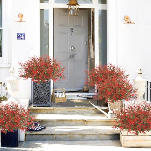 42 Pcs Fake Lavender Flowers Outdoor UV Resistant Faux Plastic Lavender Flowers No Fade Artificial Lavender Purple Plants for Outside Garden Porch Window Box Hanging Planter Decor (Red) - color: Red, size: 42 Pcs