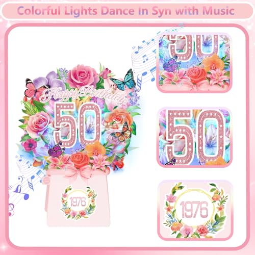 50th Birthday Cards, Light and Music 50 Years Old Happy Birthday Card, Rose Lily Orchid and Butterflies, 10 Inch Forever Flower Bouquet 3D Pop Up 1976 Birthday Gift Card for Women Wife Mom Daughter Sister - size: 1976-50th