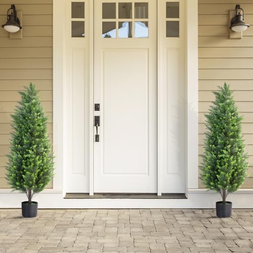 4FT Tall Artificial Cedar Topiary Trees Set of 2, Artificial UV Resistant Potted Plants, Faux Bushes Fake Shrubs for Outdoor Indoor Home Entryway Front Porch Garden Patio Offices Living Room Decor