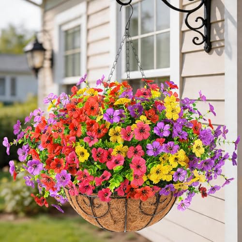 Homsunny Artificial Fake Hanging Flowers Plants Basket for Outdoor Spring Summer Decoration, Faux Silk Flower Outside UV Resistant Look Real Yard Patio Front Porch Garden Balcony Home Decor(Mix3) - color: Pink Red Yellow Purple