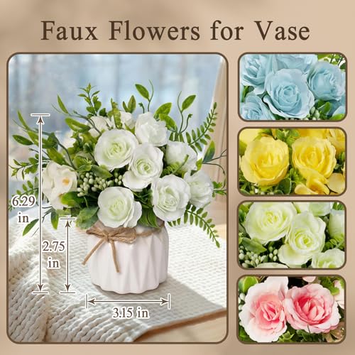 White Artificial Silk Roses with Ceramic Vase, No Maintenance Faux Flower Arrangement, 6.3 Inch Realistic Table Decor for Home Office Wedding - color: White