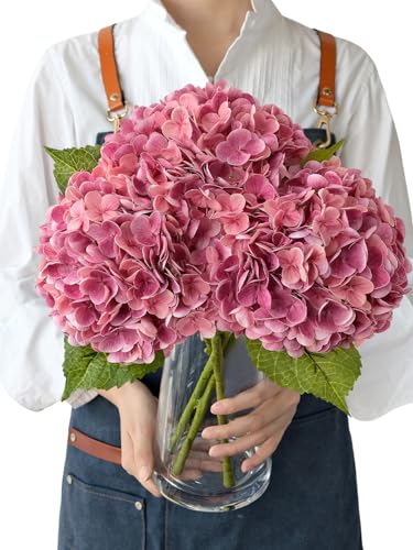 JINWOE Magenta Pink Hydrangea Artificial Flowers, 3Pcs 21" Real Touch Latex Large Royal Faux Silk Flowers, Full Fake Artificial Hydrangeas with Stems for Bouquet Table Centerpieces Home - color: Magenta Pink, size: 3pcs