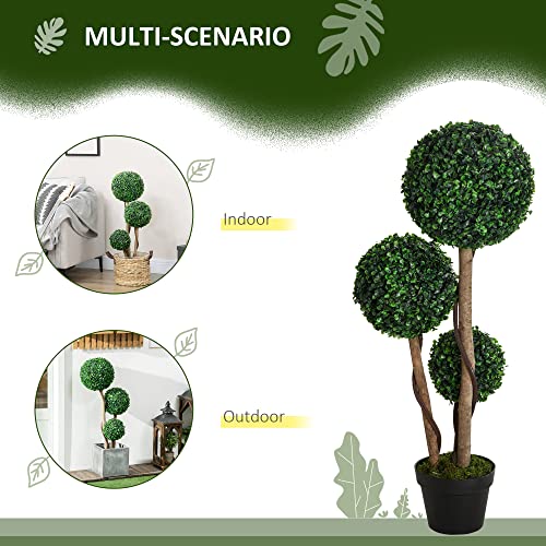 HOMCOM Artificial Plant for Home Decor Indoor & Outdoor Fake Plants Artificial Tree in Pot, 3 Ball Boxwood Topiary Tree for Home Office, Living Room Decor, Dark Green - color: Dark Green