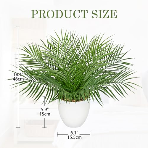 Briful Artificial Palm Plant in White Pot, 18” Faux Tropical Tabletop Plant with 14 Realistic Leaves, Small Potted Palm Tree for Farmhouse, Coffee Table, Entryway, Bathroom, Shelf & Living Room Decor - color: 18'' Tall White