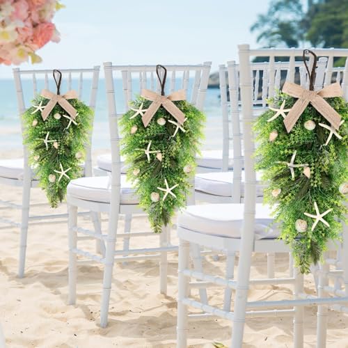2 Pcs 24"Coastal Teardrop Swag Beach Seashell Starfish Wreath with Green Leaves for Front Door Wedding Farmhouse Starfish Conch Shells Wreath for Indoor Outdoor Spring Summer All Seasons Home Decor ﻿ - color: Starfish Swags