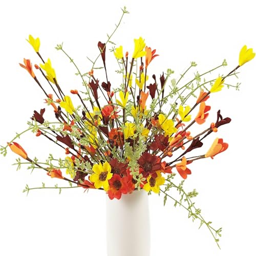 Fall Flowers Artificial for Decoration,6 Pcs Fall Floral Stems with Daisies Forsythia Flowers Berry Leaf Stem for Autumn Harvest Thankgiving Home Table Vase Centerpiece Decor（Yellow Orange Burgundy） - color: Yellow Orange Burgundy