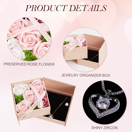 WDS WONDROUS Preserved Rose Jewelry Gift Set for Women, Forever Rose Flower with Heart Necklace & Earrings for Valentine's Day Anniversary Birthday Gift for Her - color: pink and silver, size: set of 3