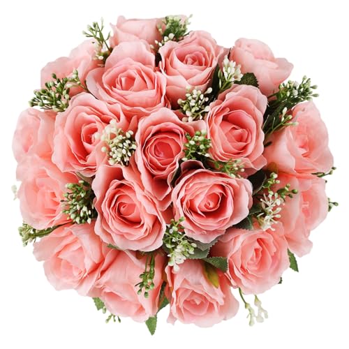 Pink Flowers for Cemetery - 18 Silk Memorial Rose for Grave Decorations | Memorial Remembrance Floral Decor for Mom Grandma Sister Female Loved Ones Headstone Graveyard Vase-Includes a Sympathy Card - color: Pink