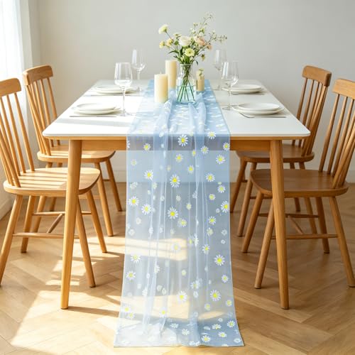 Daisy Gauze Table Runner 120 Inch 10FT, Floral Flower Tulle Table Runner Seasonal Kitchen Dining Table Decorations for Party Wedding Christmas Holiday Birthday (Blue) - color: Blue