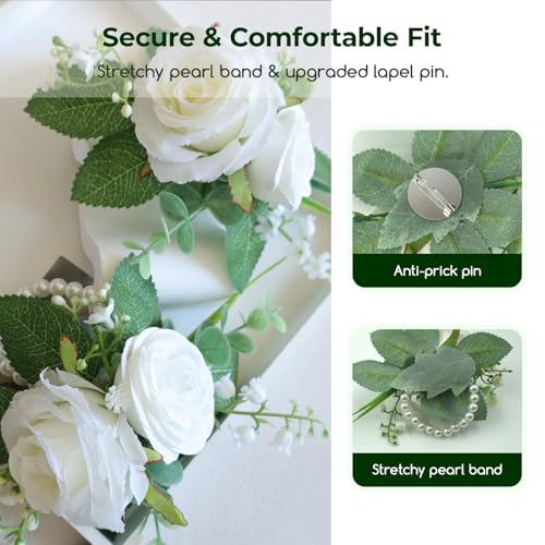 Elegant Corsage and Boutonniere Set, Artificial Rose Wrist Corsage with Pearl Bracelet & Men's Lapel Pin, Matching Faux Flowers for Prom, Homecoming, Wedding, Bride and Groom - color: White