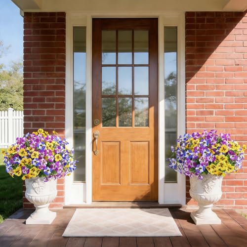 Artificial Pansies Flowers for Outdoor Faux Flower Spring Summer Decor, 12 Bundles Realistic Fake Silk Flowers Outside UV Resistant for Porch Patio Garden Home Window Box Planters Purple Mix - color: Purple Lilac Yellow