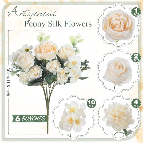 Wavwavw 6 Pcs Artificial Peony Silk Florals Fake Mix Silk Peony Rose Faux Flower Hydrangea Bouquet Elegant Realistic Wedding Floral Centerpiece for Home Party Table Arrangement (Champagne) - color: Champagne