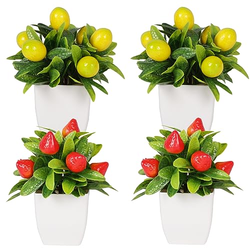 4 Fake Potted Plants Small Artificial Fruit Plants with Pots Lemon 2pcs Strawberry 2pcs Potted Plants for Indoor Decor Outdoor Garden Decorations - color: Type C
