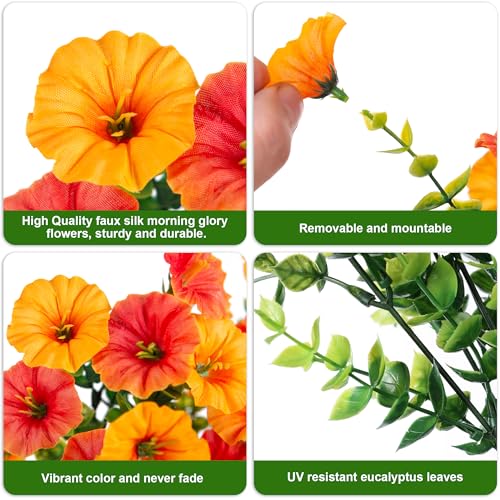 Ivydale 2 PCS Artificial Hanging Flowers Fake Plants Outdoor,Silk Morning Glory Faux Flowers with Eucalyptus Leaves,UV Resistant Realistic Hanging Plants for Home Garden Decor (Yellow+Orange) - color: Yellow+orange