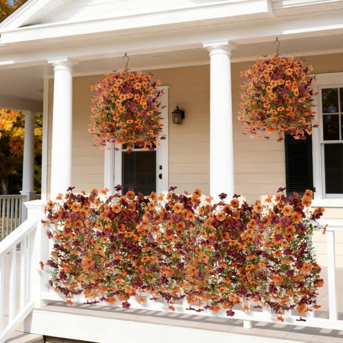 ZFProcess Artificial Hanging Flowers for Outdoors Fall Decoration, 2PCS Silk Fake Daisy Realistic Outdoor Flowers UV Resistant Porch Patio Window Yard Decor - color: Orange+brown