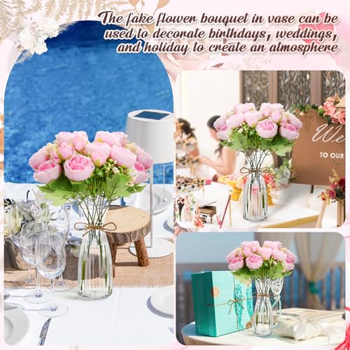 Thiccywoov 19 Pack Artificial Peony Flowers with Vase Bulk, 12 Bundles Faux Peony Bouquet 6 Vase with 1 Rope Silk Flower Arrangement Wedding Table Centerpiece for Wedding Bridal Shower(Hot Pink) - color: Hot Pink