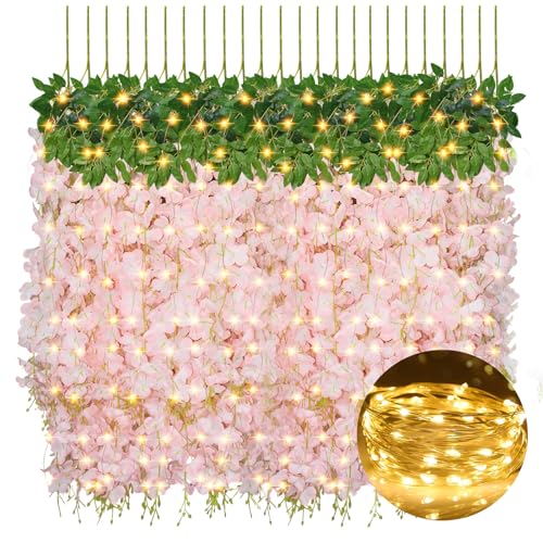 24 PCS Wisteria Hanging Flowers with Lights, 3.6ft Fake Vines Artificial Wisteria Garland Silk Flower String for Wedding Arch Garden Party Home Ceiling Wall Backdrop Tent Decoration (Light Pink) - color: Light Pink With Lights, size: 24 Pack